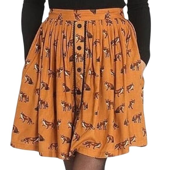 Hell Bunny Fox Print Skirt Cognac Button Front Size XS Retro Punk Style NWOT - Picture 2 of 9